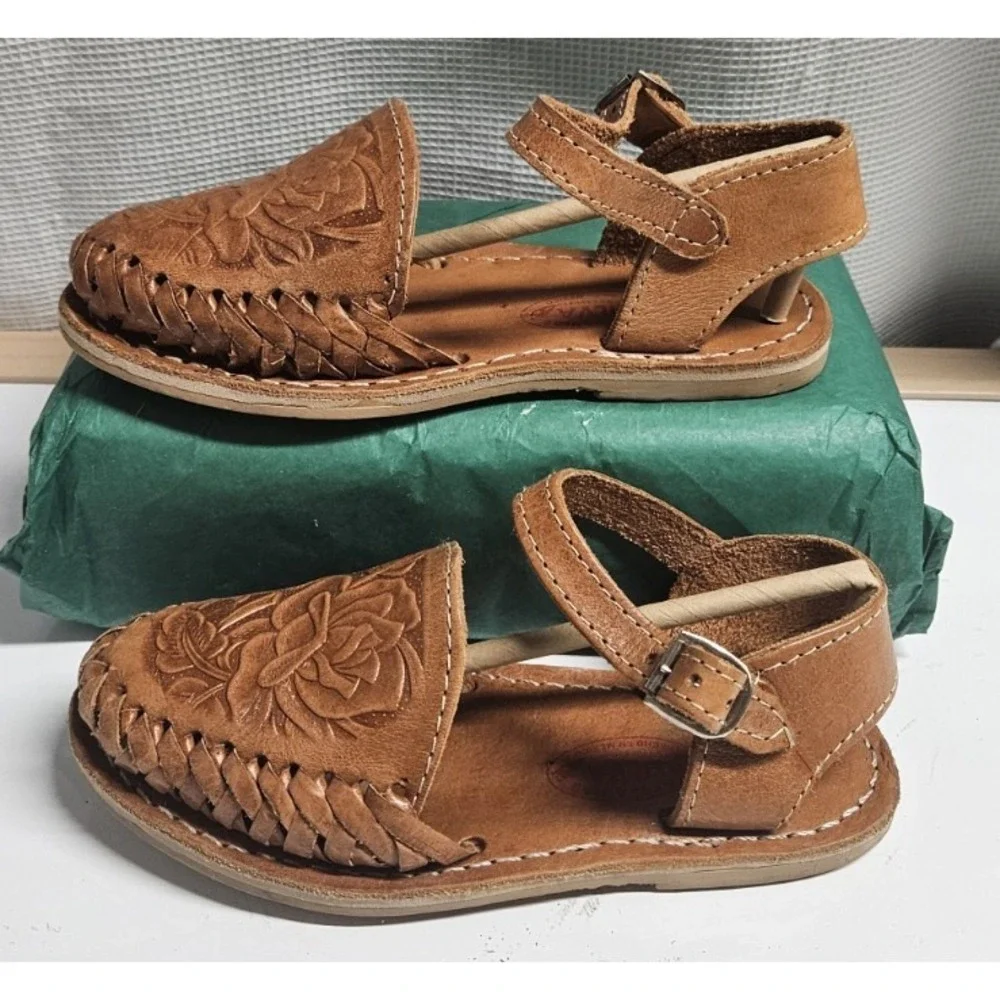 ARTESANIAS SILVA mexican handmade embossed floral dark tan sandals girl Sz 1.5‎